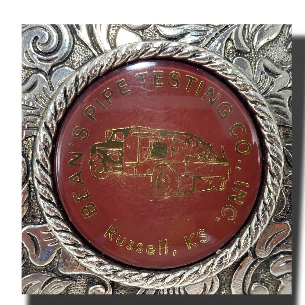 Belt Buckle Bean's Pipe Testing Co, Inc. Russell, Kansas Silver Color Oval Weste